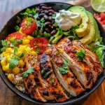 Close-up of a Chicken Burrito Bowl with vibrant ingredients and toppings.