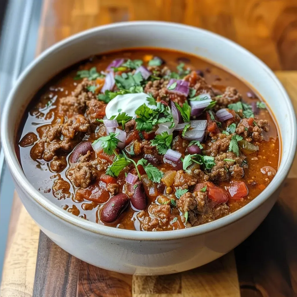 Side view of a vibrant bowl of Chipotle chili with visible ground beef and spices.