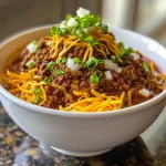Close-up view of a simmering pot of Cincinnati chili with ground beef and spices.