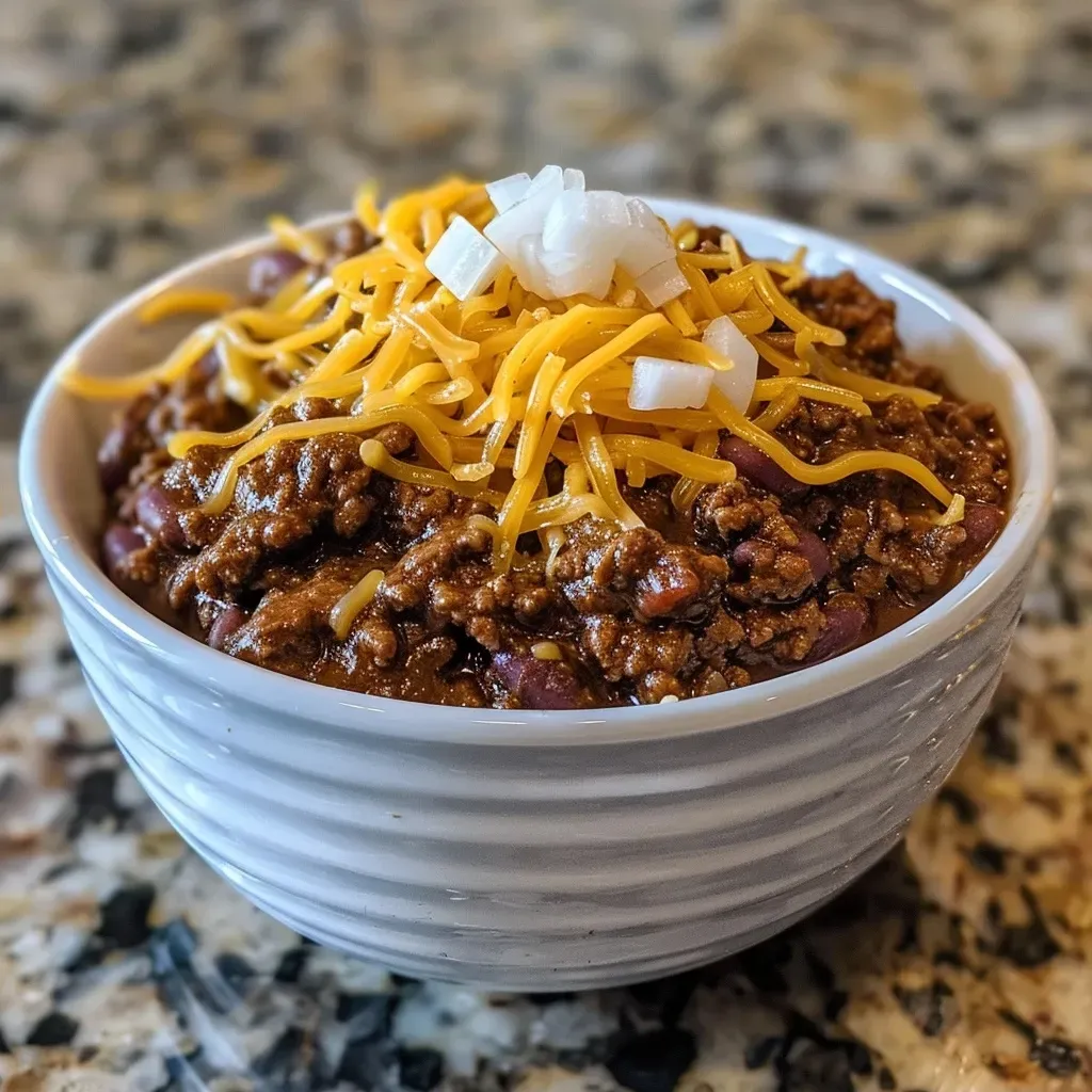 A bowl of Cincinnati chili showing a rich, meaty sauce topped with chopped onions.