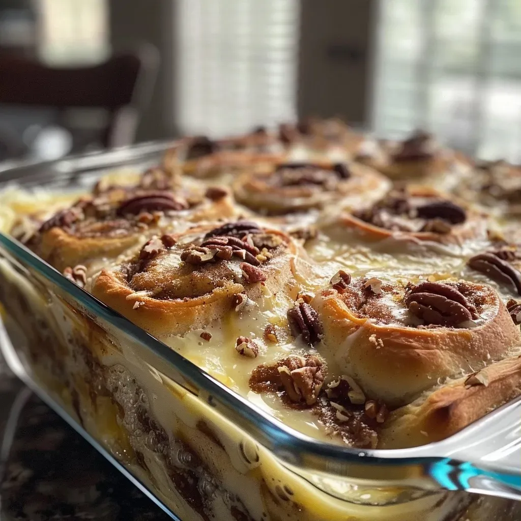 Close-up side view of a cinnamon roll breakfast casserole topped with a creamy glaze.