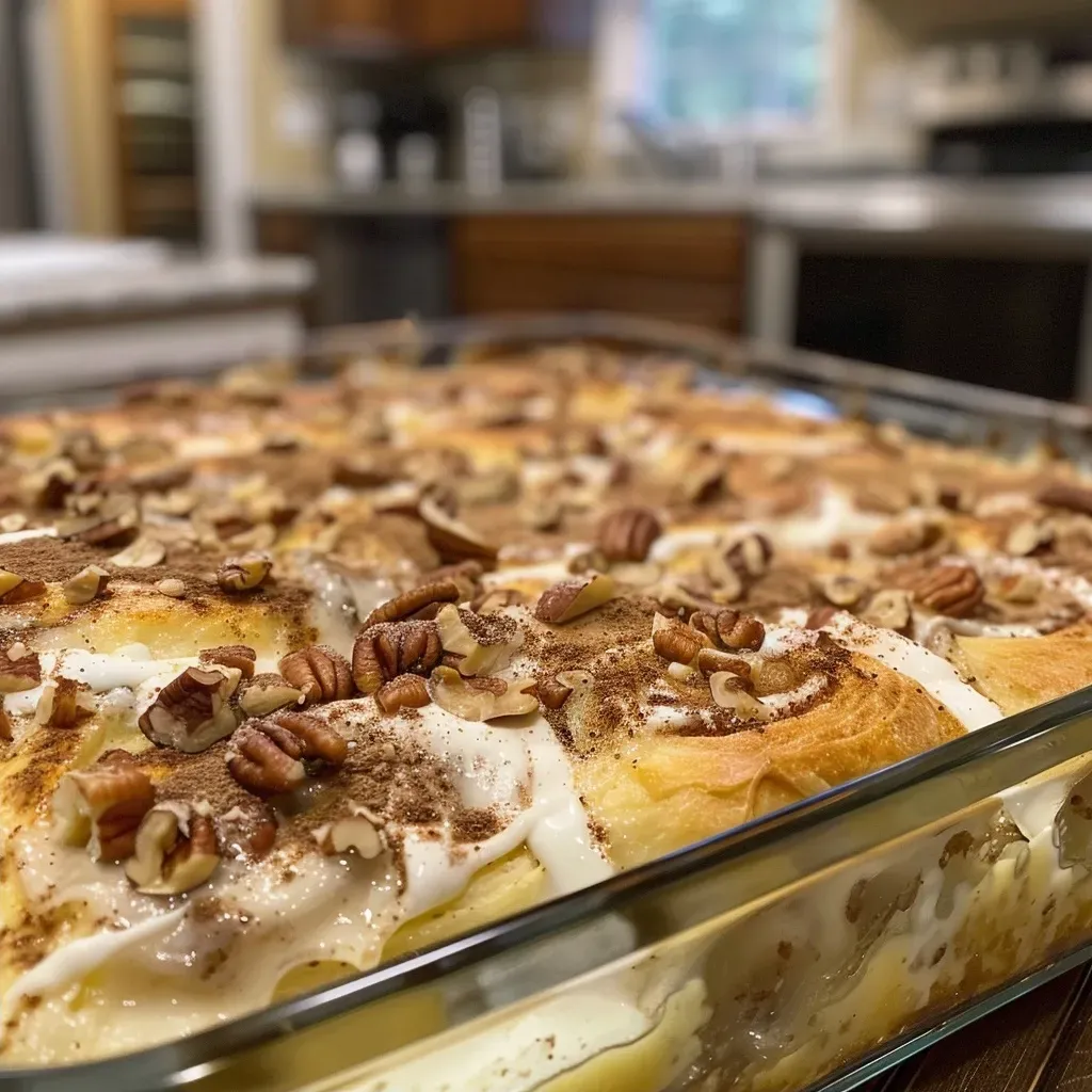 Juicy cinnamon roll casserole garnished with icing and a hint of cinnamon.