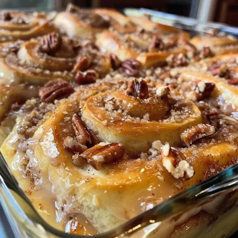 Cozy Up with This Easy Cinnamon Roll Casserole Recipe Close-up view of a golden-brown cinnamon roll casserole topped with icing and pecans.