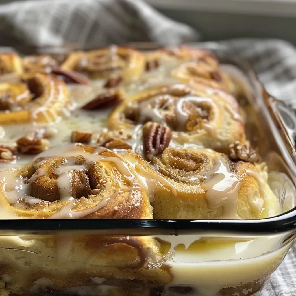 Side perspective of a moist cinnamon roll casserole with cream cheese icing and a sprinkle of cinnamon.