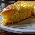 Close-up of a golden-brown cornbread slice, moist and crumbly, on a plate.