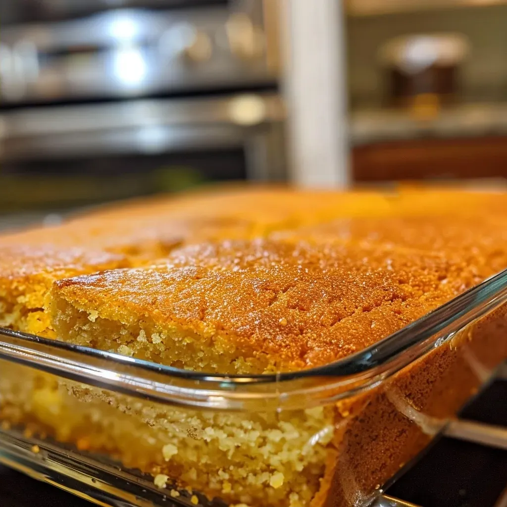 Side view of fluffy cornbread showing a texture with a light golden crust.