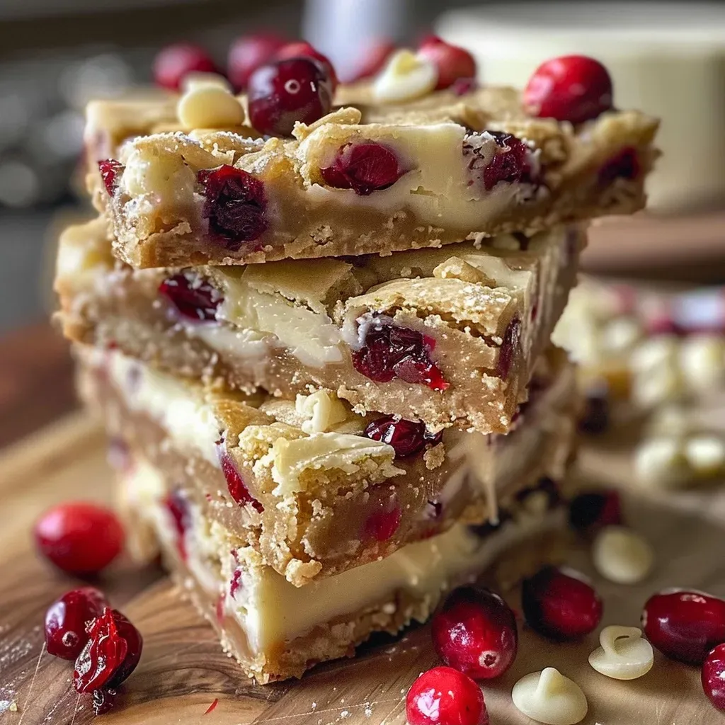 Close-up view of a slice of cranberry bliss bar with a creamy frosting.