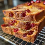 A close-up view of a slice of Cranberry Orange Bread showcasing its moist texture and vibrant cranberries.