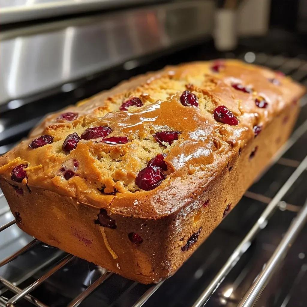Side view of a slice of freshly baked cranberry orange bread, highlighting its texture and vibrant orange hue.