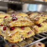 A close-up side view of fresh, golden-brown cranberry orange buttermilk scones.