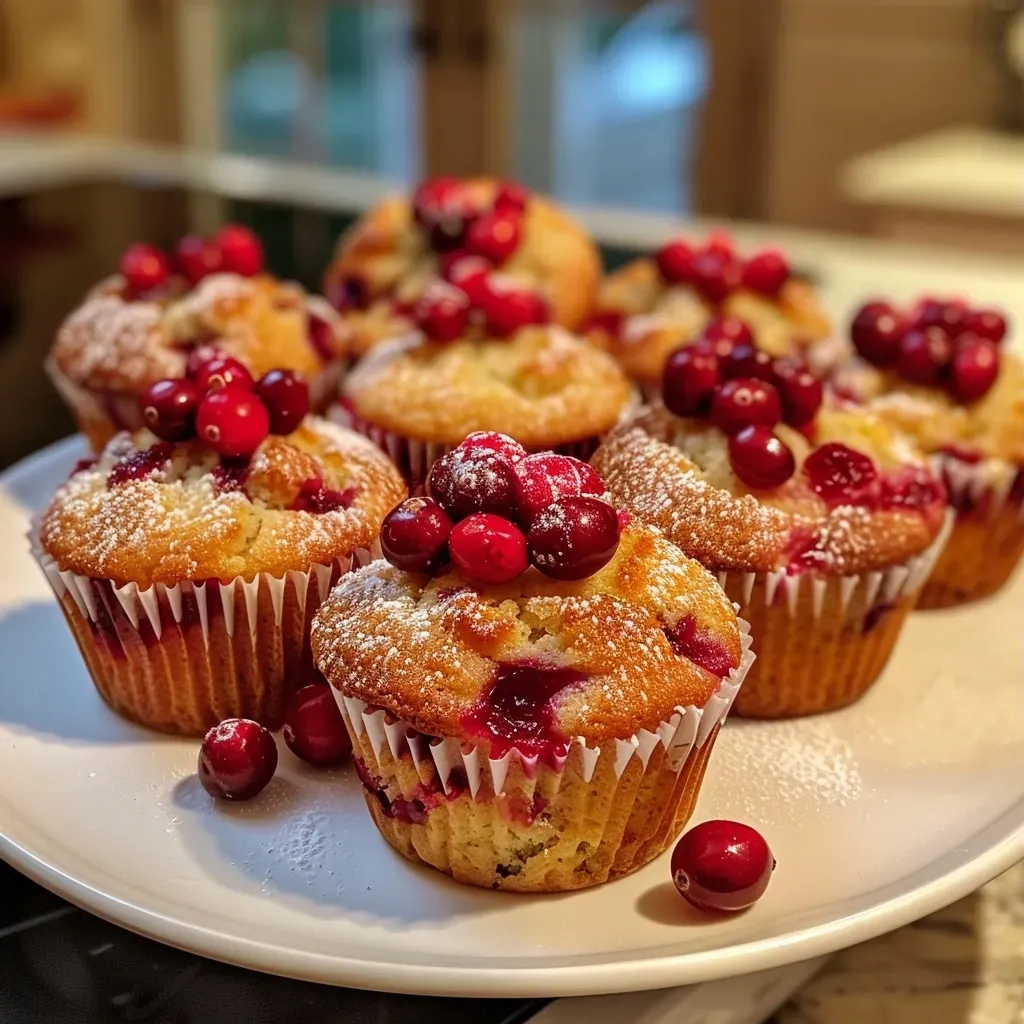 Close-up view of freshly baked cranberry orange muffins with a golden-brown top.