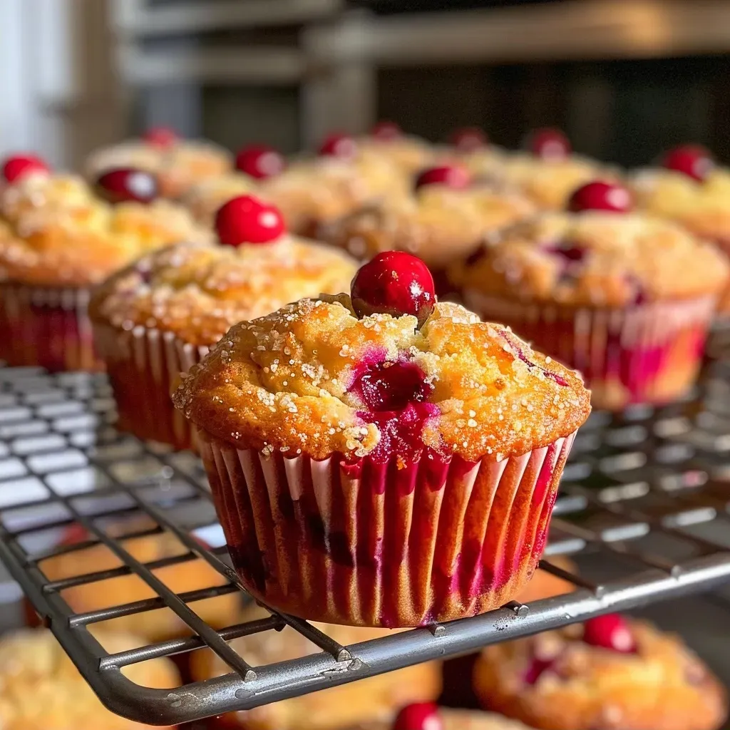 Side view of moist cranberry orange muffins, showcasing their vibrant red cranberry pieces.