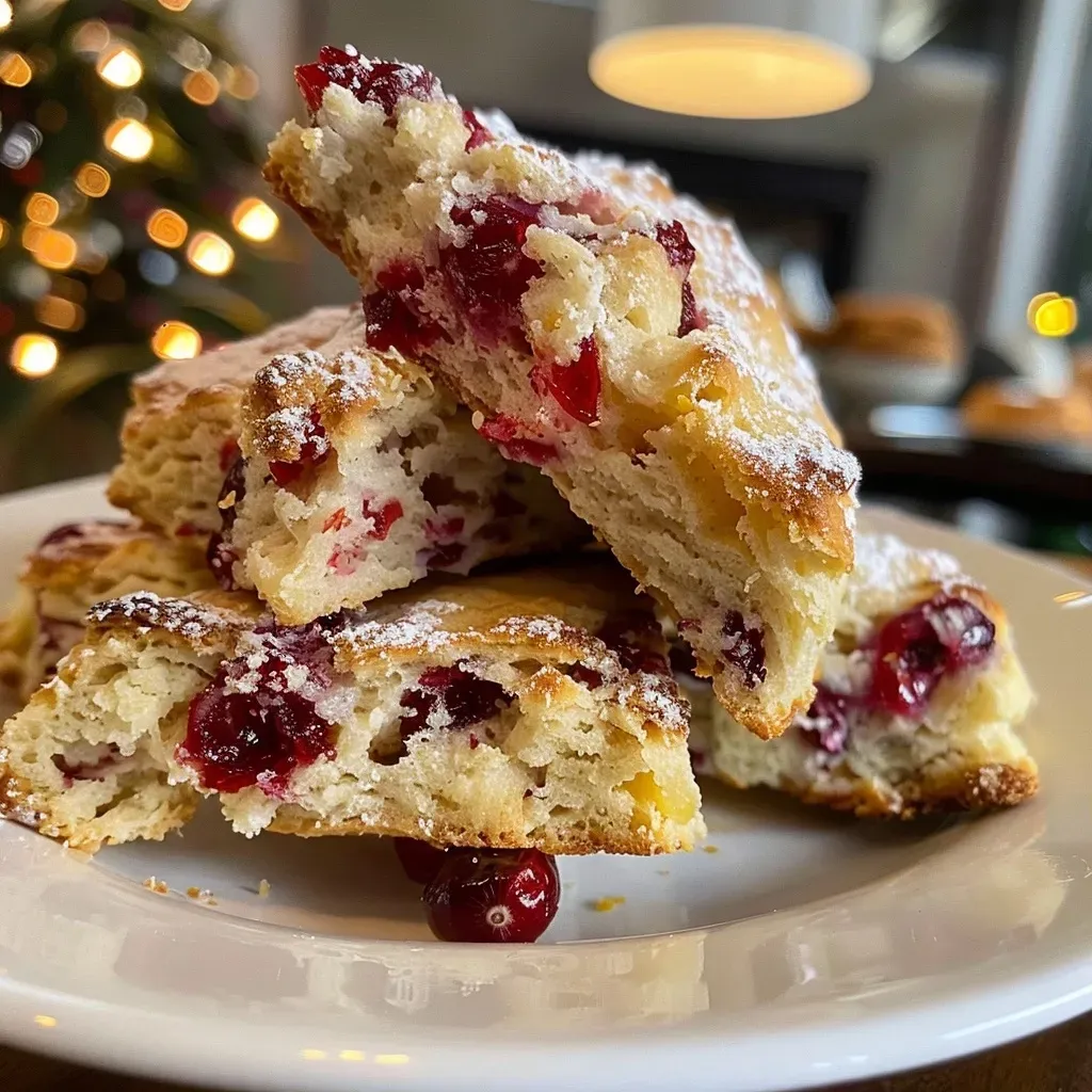 Close-up view of cranberry orange scones with a golden-brown crust and vibrant red cranberries.