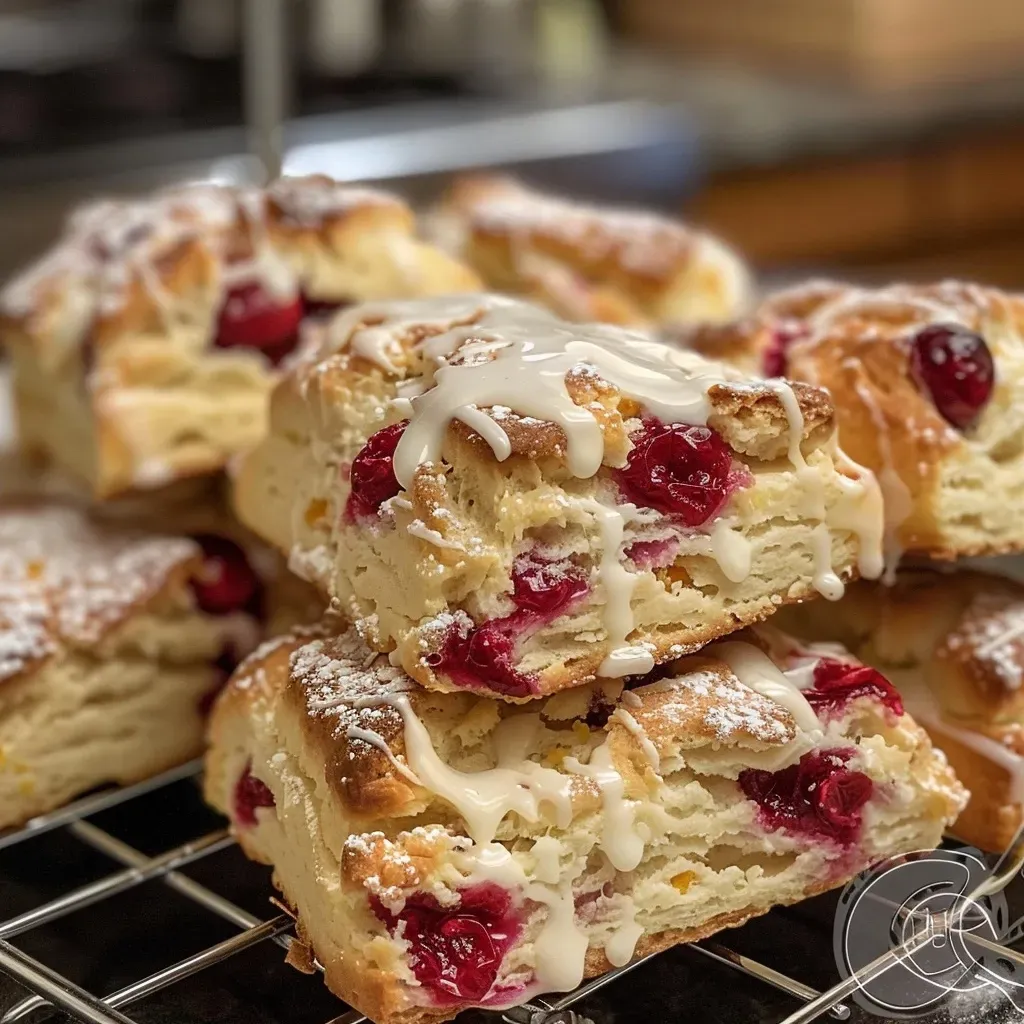 Side view of freshly baked cranberry orange scones, featuring orange zest and glistening cranberries.
