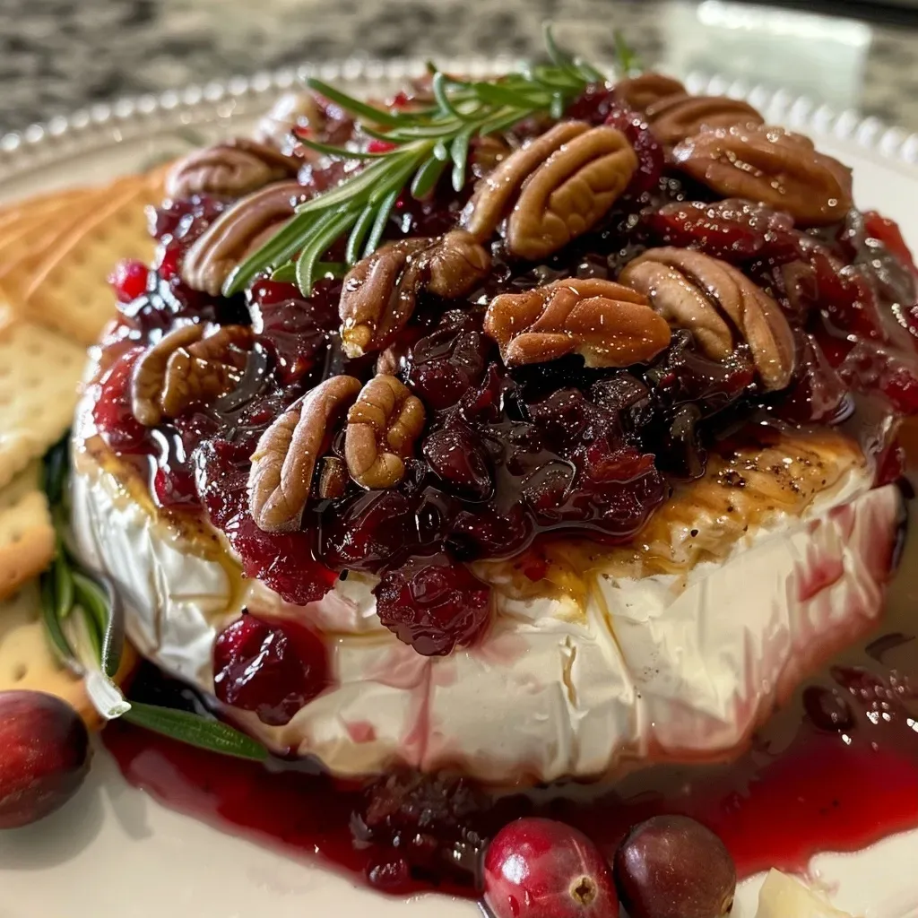 A close-up side view of a warm Cranberry Pecan Baked Brie topped with cranberry sauce and chopped pecans.