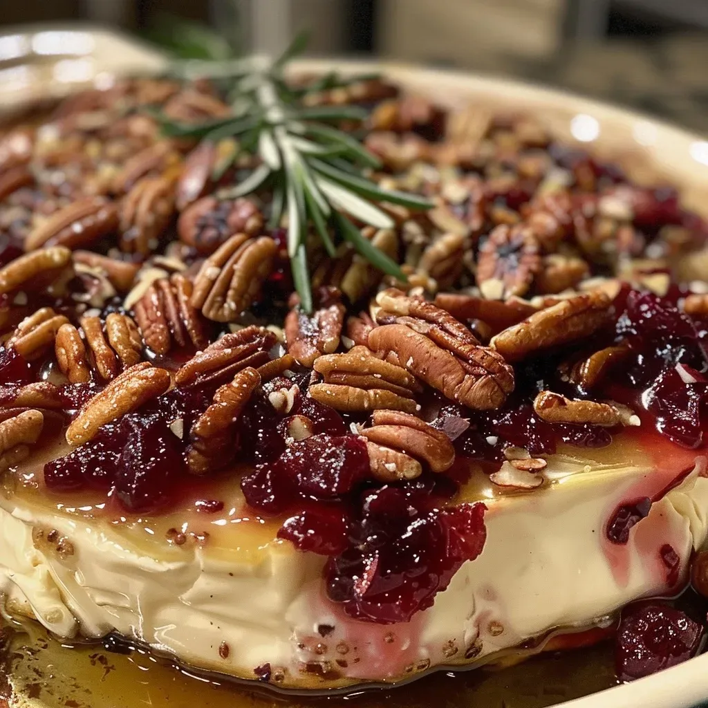 An appetizing image of baked brie with a cranberry and pecan topping, displayed on a wooden board.