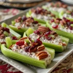 Close-up of stuffed celery sticks filled with cream cheese, cranberries, and pecans.