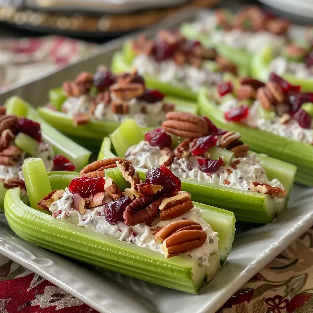 Close-up of stuffed celery sticks filled with cream cheese, cranberries, and pecans.