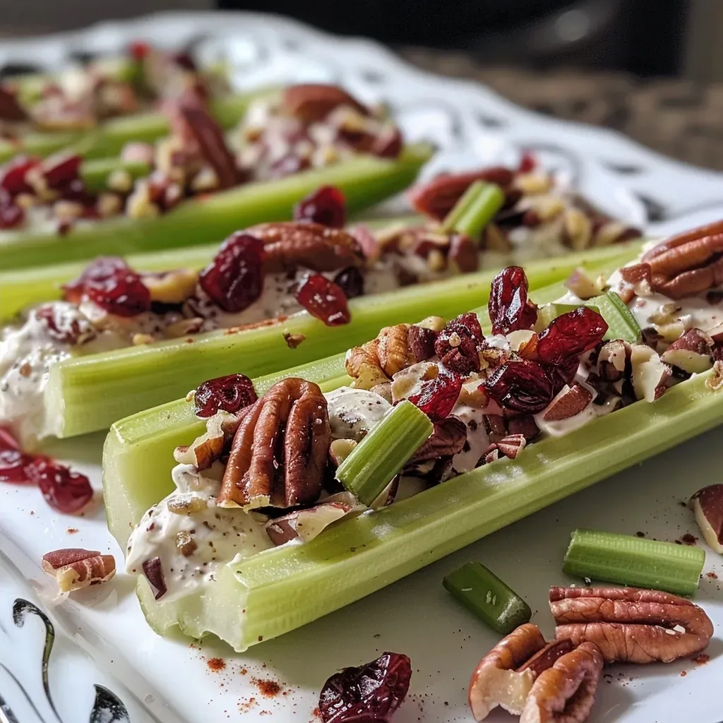 Side view of celery pieces, showcasing cream cheese filling with cranberries and pecans.