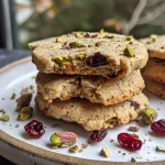 Close-up view of Cranberry Pistachio Shortbread Cookies with a golden-brown texture.