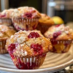 Close-up side view of a freshly baked cranberry sauce muffin with a golden-brown top.