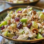 Close-up view of a vibrant Cranberry Walnut Chicken Salad with visible chunks of chicken and colorful ingredients.
