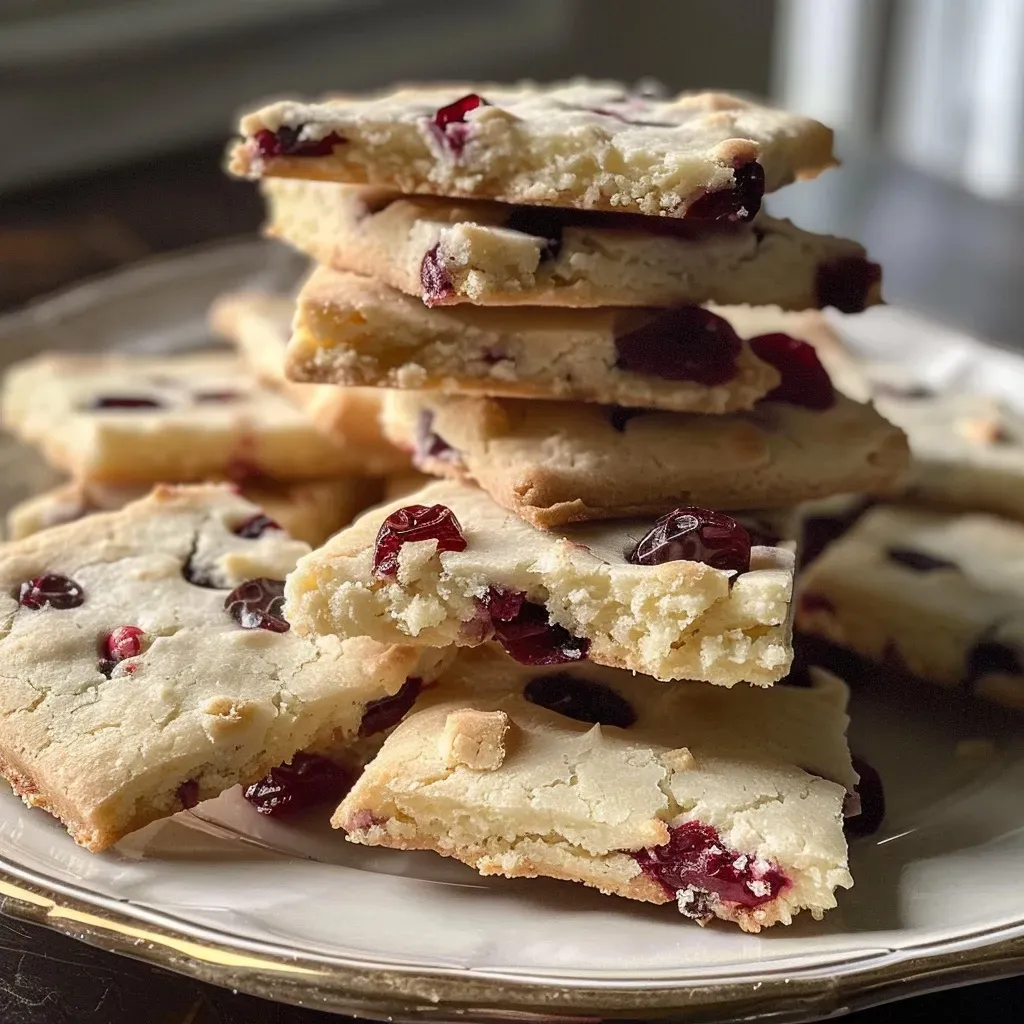 Side view of deliciously baked Cranberry White Chocolate Shortbread Cookies with cranberries and chocolate visible.