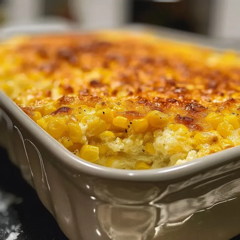 Comforting Creamed Corn Casserole: A Simple Dish for Cozy Evenings Close-up view of a creamy corn casserole served in a dish.