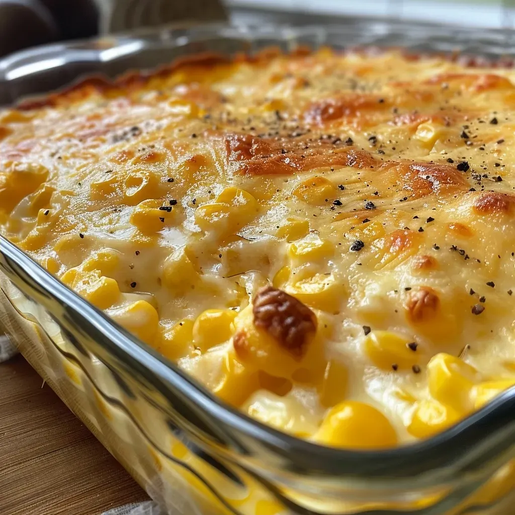 Side view of a delicious creamed corn casserole with a golden crust.