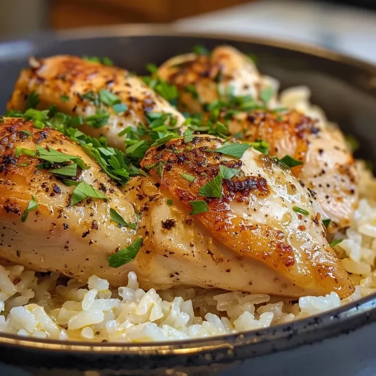 Close-up view of creamy chicken and rice dish with shredded cheese and parsley.