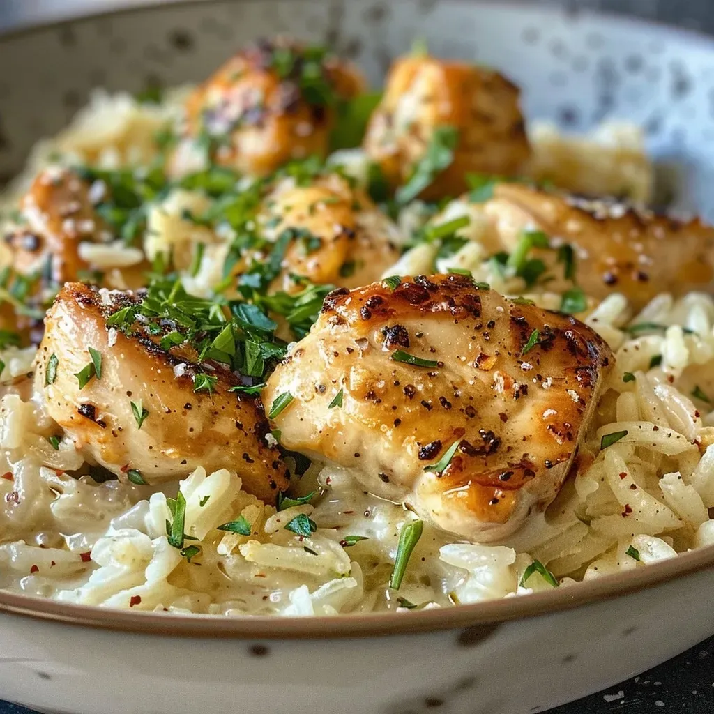 Delicious creamy chicken and rice presented in a bowl, garnished with fresh parsley.