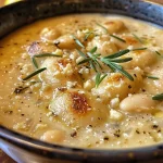 Close-up of creamy roasted garlic white bean soup in a bowl, displaying a smooth texture and garnished with fresh herbs.