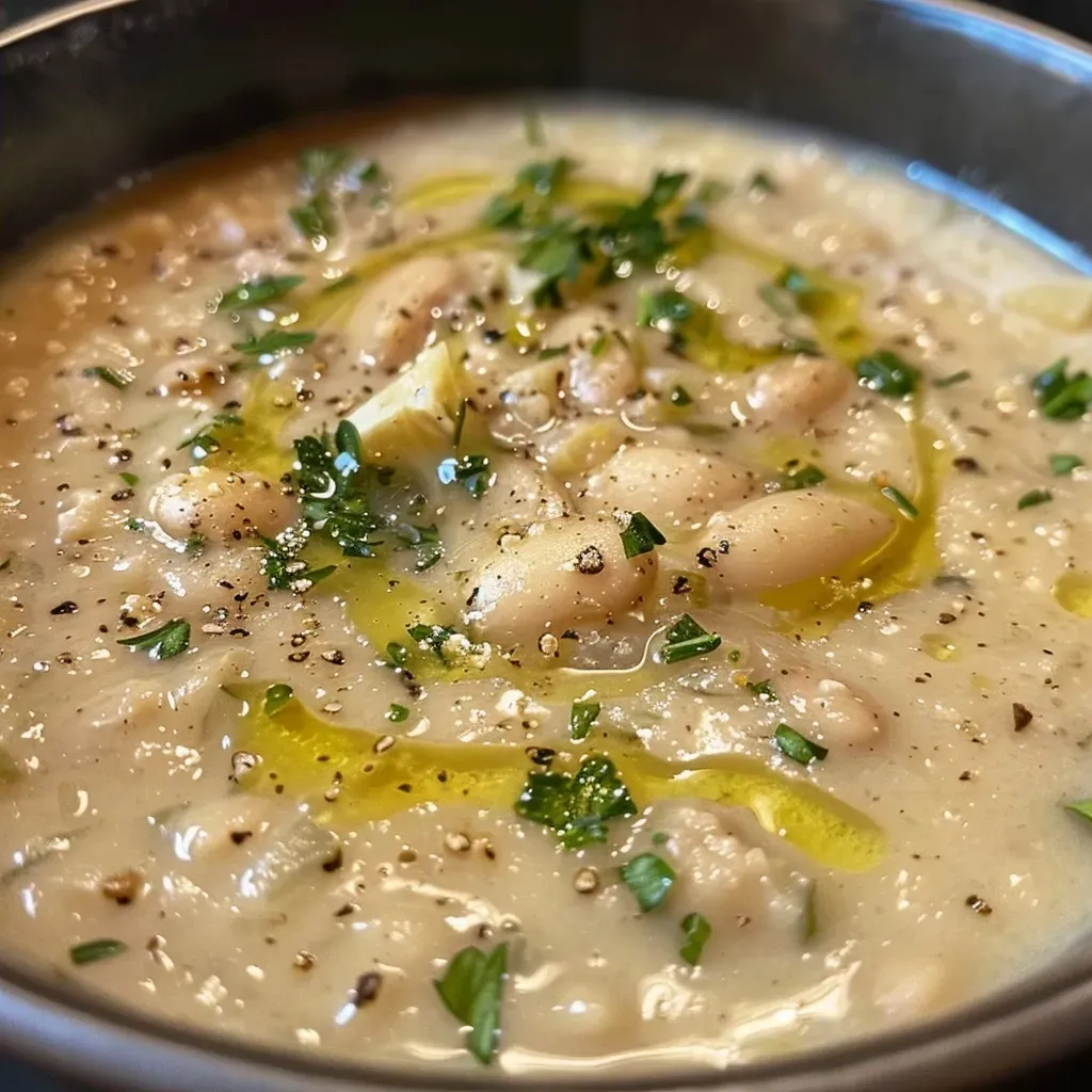 Side view of a delicious bowl of creamy roasted garlic white bean soup, with visible garlic cloves and white beans.