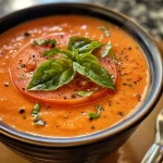 Close-up of creamy tomato basil soup garnished with fresh basil and grated Parmesan.