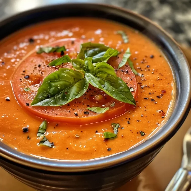 Close-up view of creamy tomato basil soup in a bowl, garnished with fresh basil leaves.