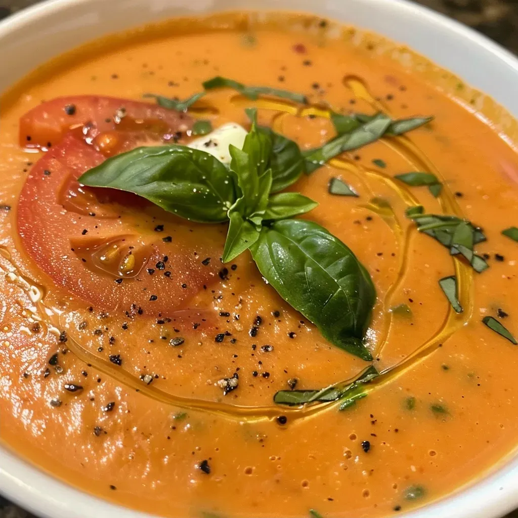 Juicy, rich tomato basil soup served in a bowl, showing a smooth, creamy texture.