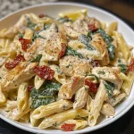 Close-up view of creamy Tuscan chicken pasta with spinach and sun-dried tomatoes.