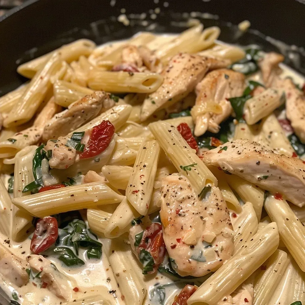 Juicy strips of chicken and pasta in a rich creamy sauce, garnished with basil.
