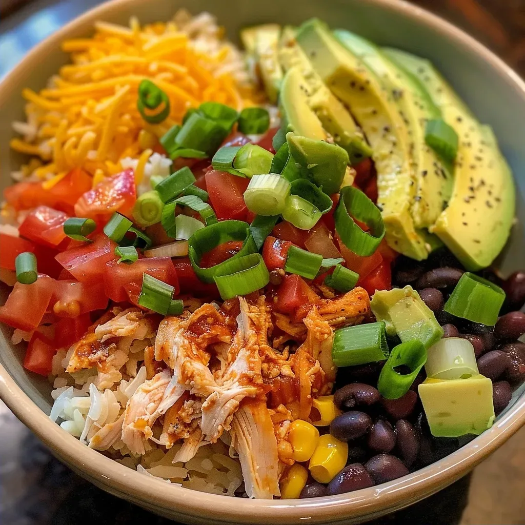 Side view of a hearty Crock Pot Chicken Burrito Bowl featuring shredded cheese, diced tomatoes, and green onions.
