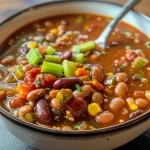 Close-up view of a vibrant bowl of Easy 3 Bean Vegetarian Chili with colorful ingredients.