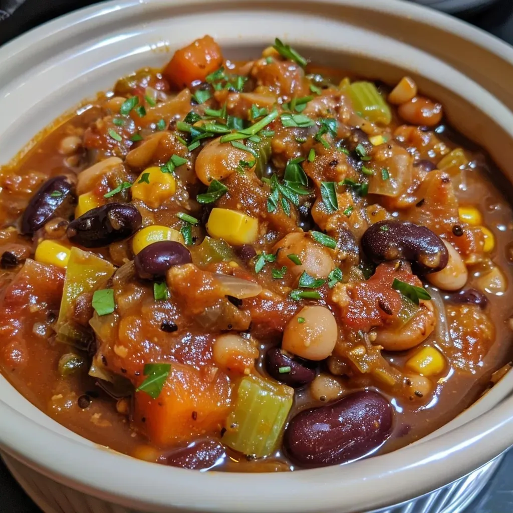 Side view of a hearty vegetarian chili featuring beans, vegetables, and spices.
