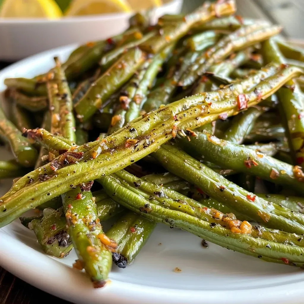Juicy green beans cooked in an air fryer, displayed in a side profile with a shiny finish.