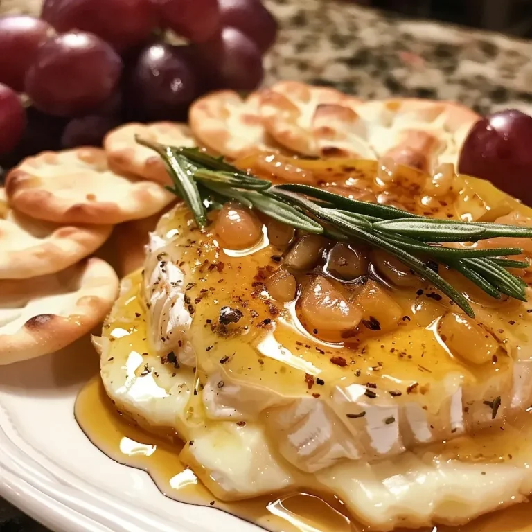 Indulge in Simplicity: Easy Baked Brie with Honey for Effortless Entertaining Close-up of a baked brie topped with honey, served with grapes and pita chips.