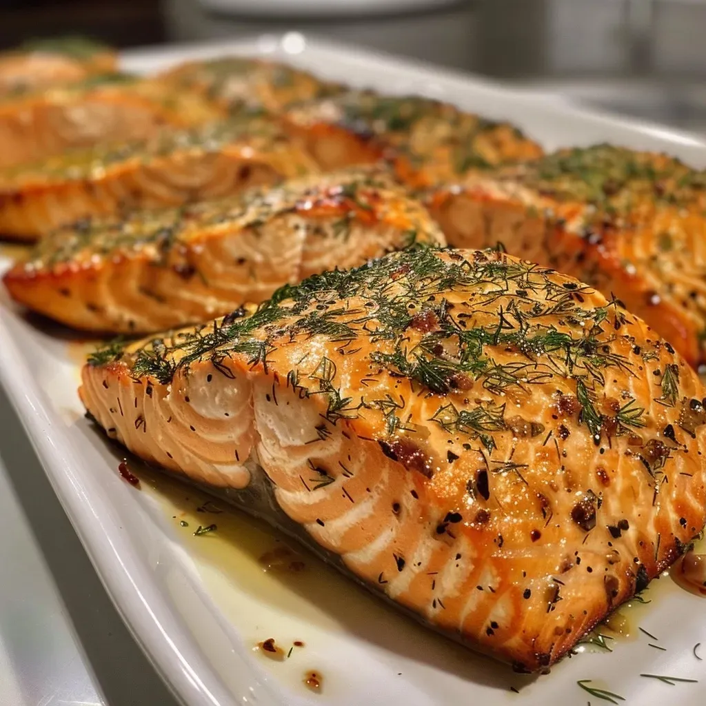 Juicy baked salmon fillet glistening with melted butter and garlic.
