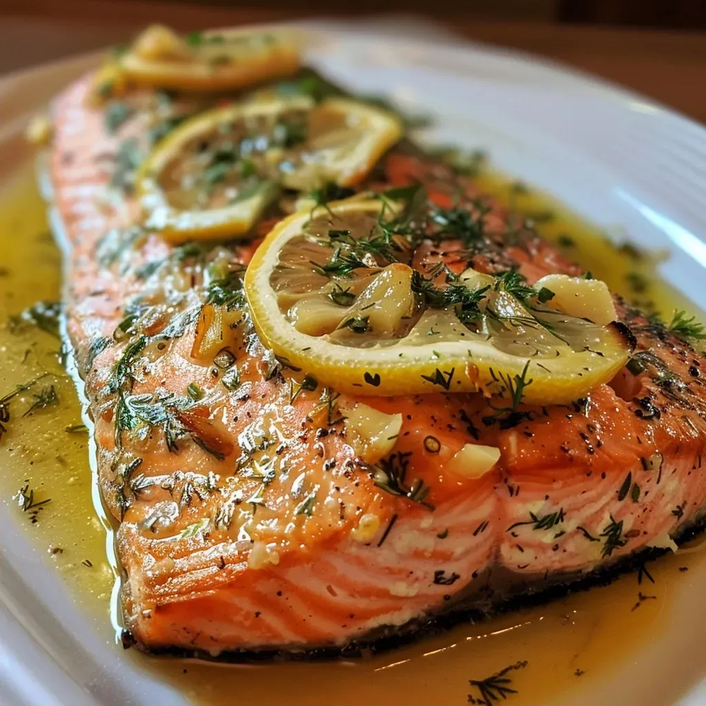 Close-up of salmon, garnished with dill and lemon, ready to serve.