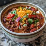 Close-up side view of steaming beef and bean chili in a bowl, showcasing vibrant colors.