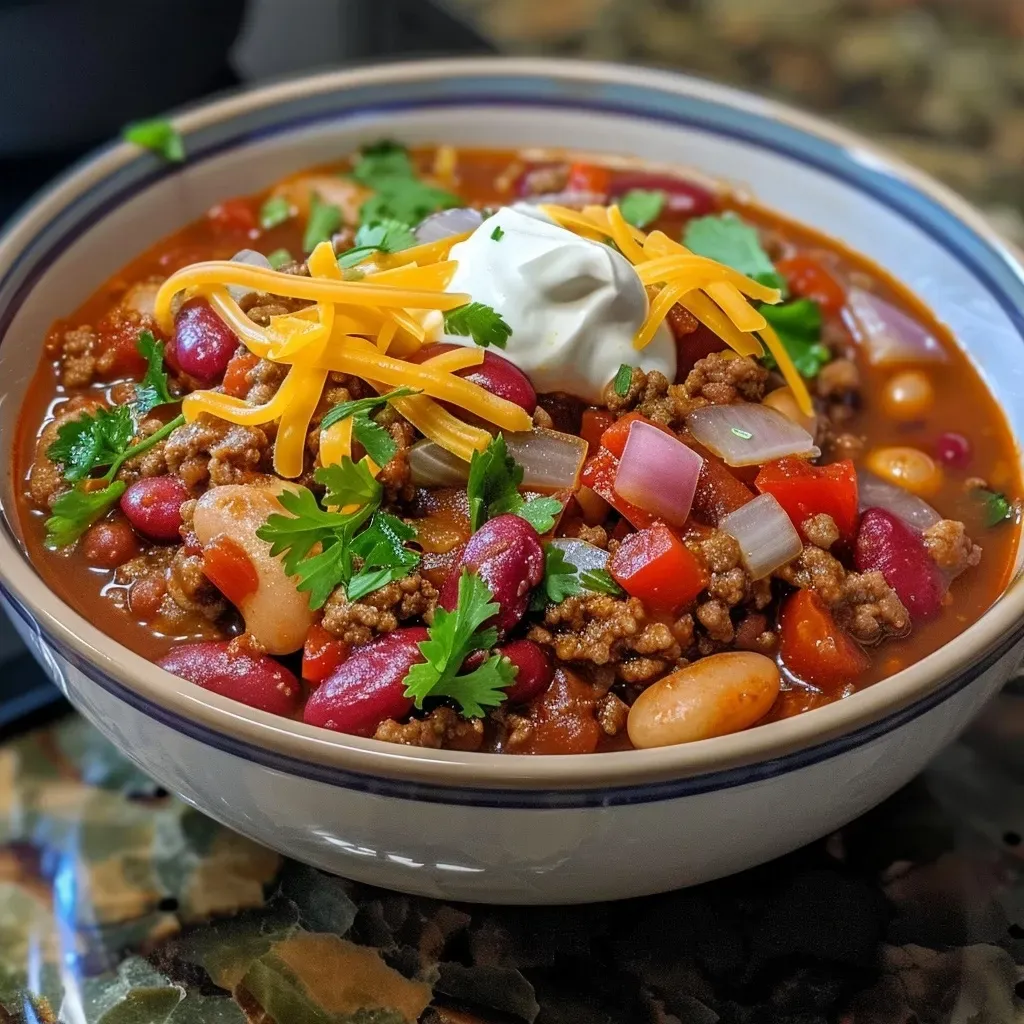 Detailed shot of a hearty chili filled with chunks of beef, beans, and diced vegetables.