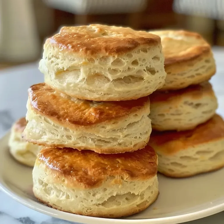 Close-up of golden brown buttermilk biscuits with a flaky texture.