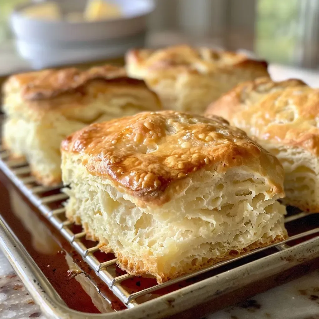 Freshly baked buttermilk biscuits stacked and glistening with butter.