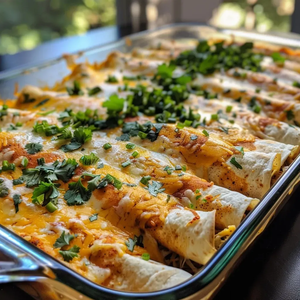 Close-up view of juicy leftover turkey enchiladas on a plate, topped with melted cheese and garnished with lime.